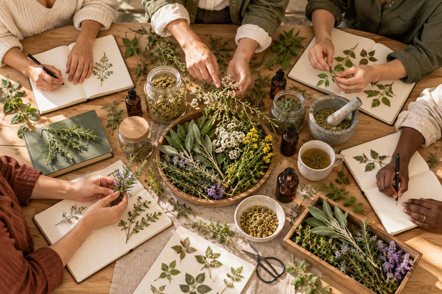 Mains réunies autour de plantes et de carnets lors d’un atelier botanique