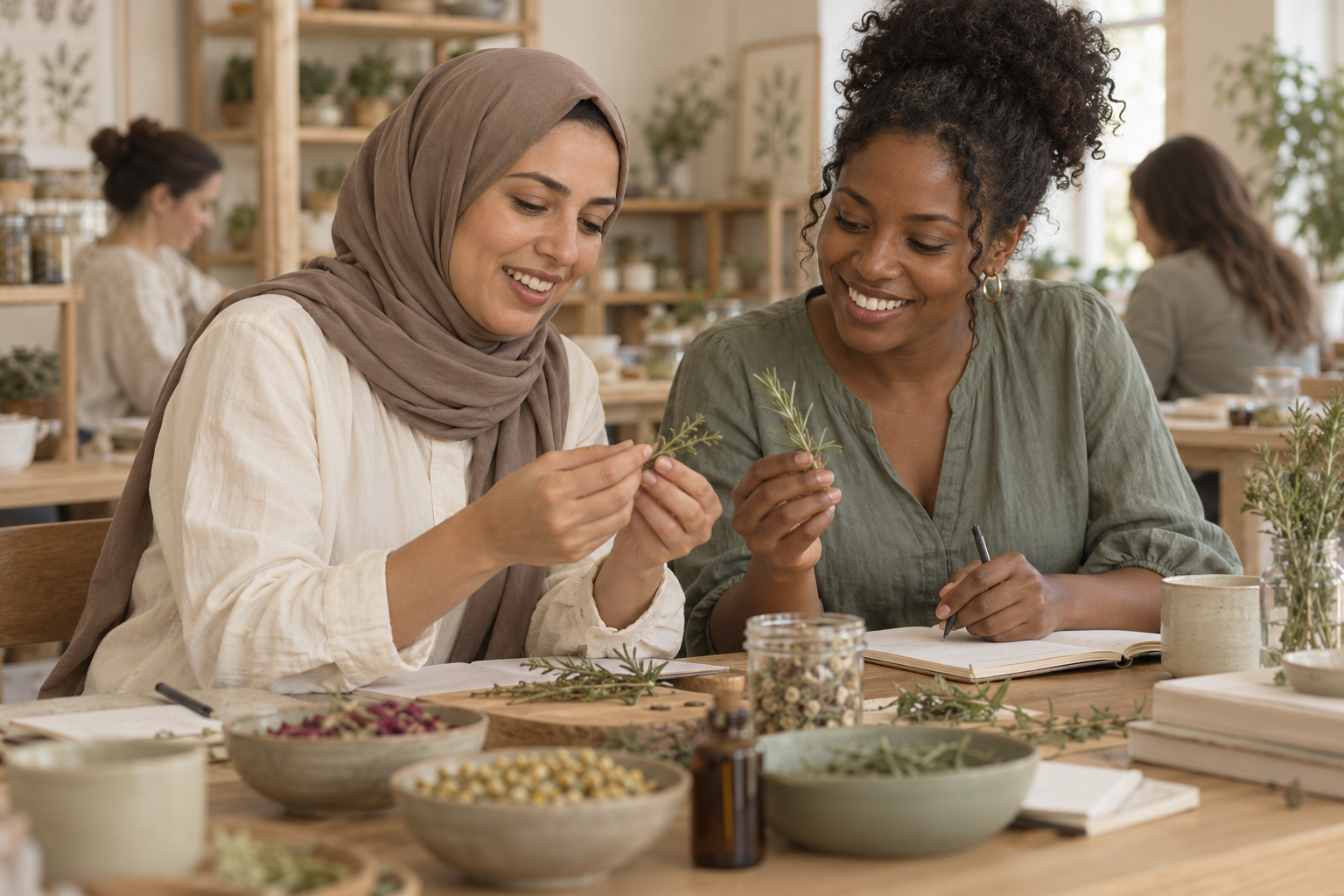 Deux apprenantes vues de dos échangent pendant un atelier botanique