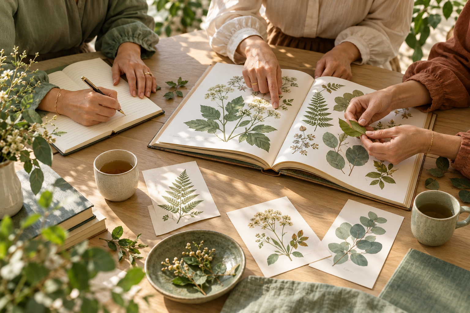Mains réunies autour d’un herbier pour observer et prendre des notes