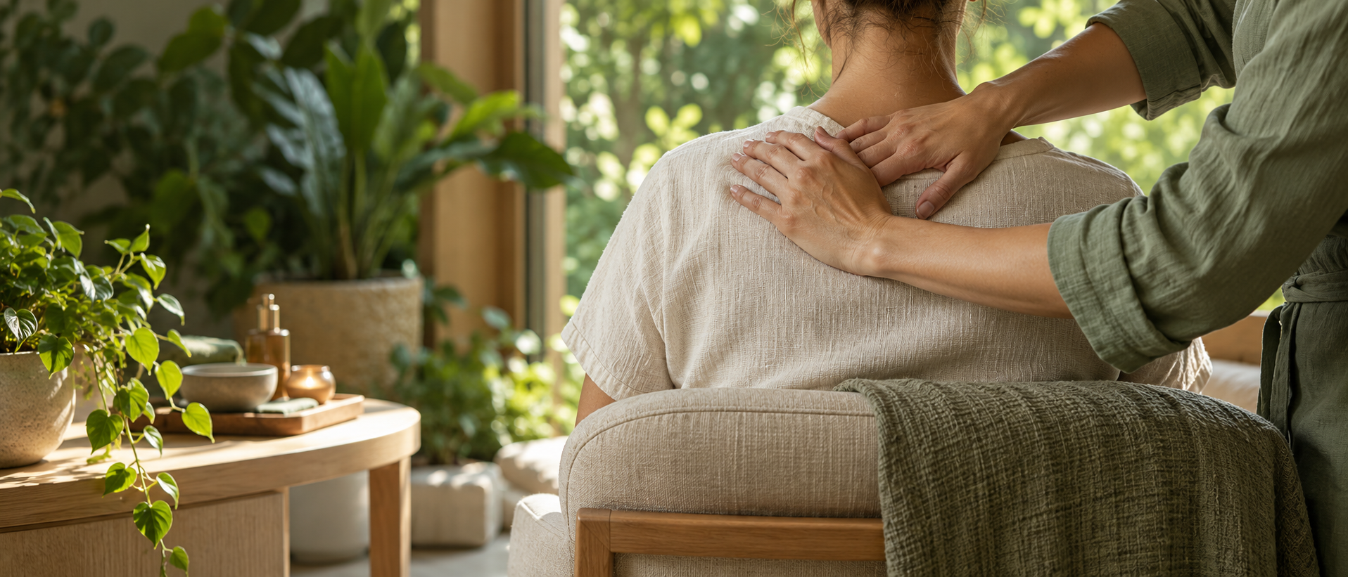 Geste de massage bien-être sur le dos dans un cadre apaisant
