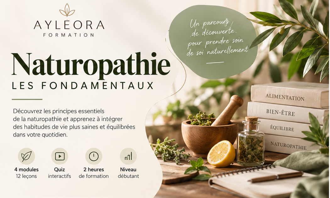 Livres et éléments botaniques illustrant la découverte de la naturopathie