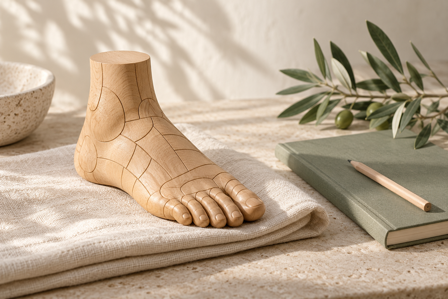 Modèle pédagogique de pied en bois accompagné d’un carnet