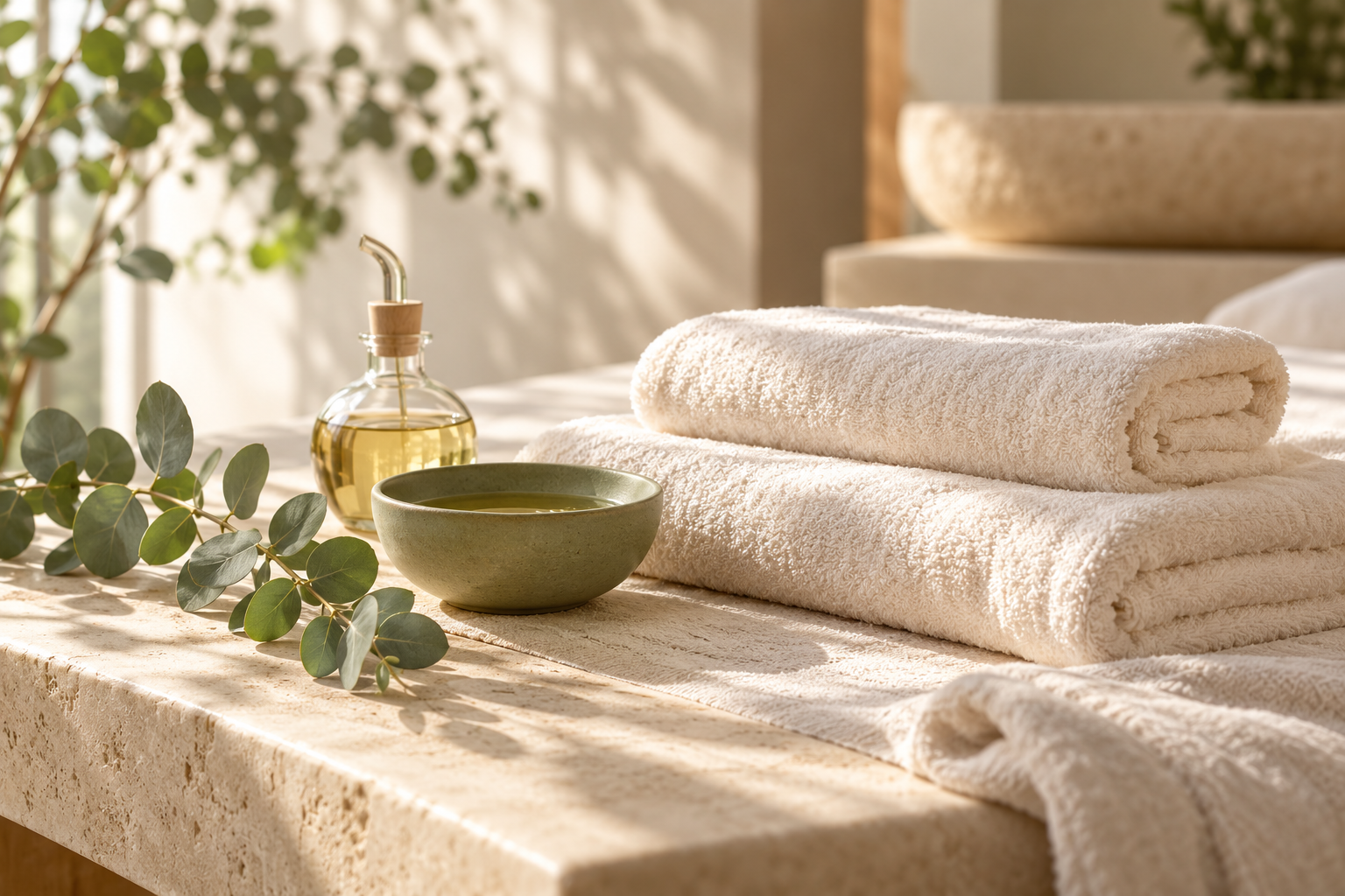 Serviettes et huile de massage dans un cadre naturel